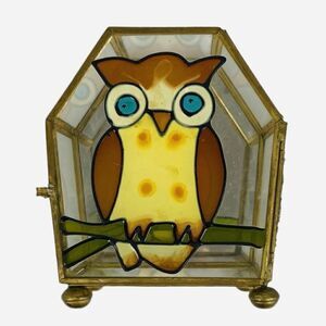 Vintage 1970s Interpur Owl Stained Glass Jewelry Trinket Box Mirrored MCM Taiwan